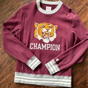 Todd Snyder x Champion - Retro Tiger Burgundy & Gray Striped Crewneck Sweater